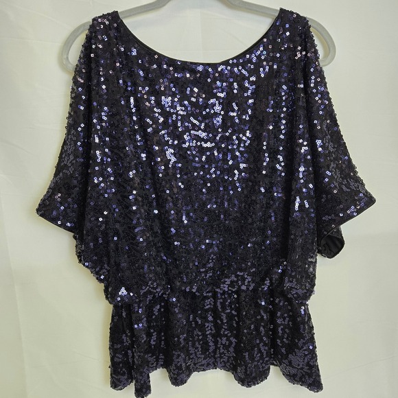 Xscape by Joanna Chen Sequin Cold Shoulder Peplum Blouse, Blue, Women's Size 12 - Picture 1 of 10